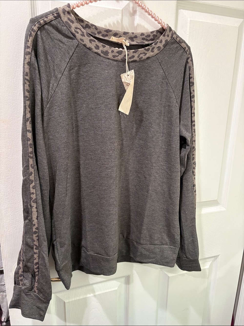 Mystree light French Terry charcoal with leopard trim sweatshirt and jogger set
